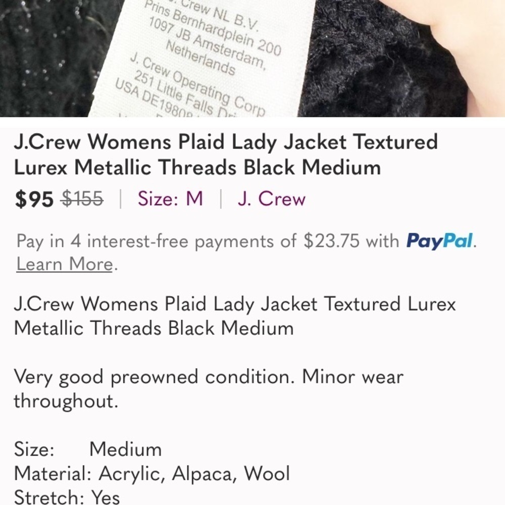 J. Crew black textured lady jacket with metallic threading throughout. Est. Lge - Picture 7 of 7